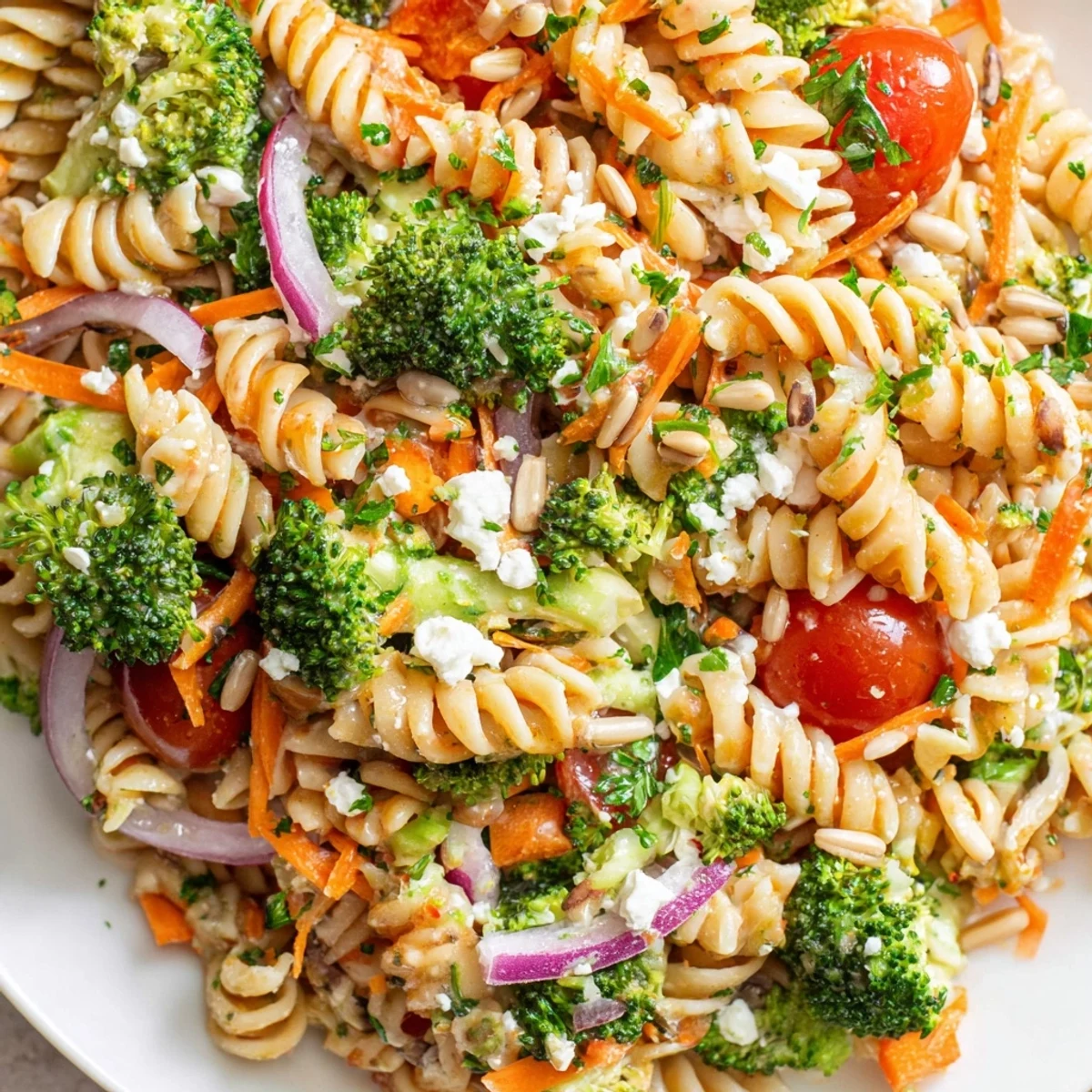 Colorful broccoli pasta salad featuring cherry tomatoes, shredded carrots, and zesty lemon herb dressing