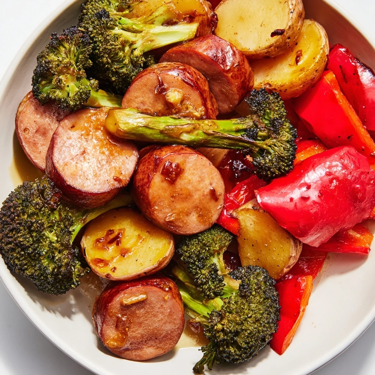 Golden honey garlic kielbasa and vegetables roasted together on a sheet pan