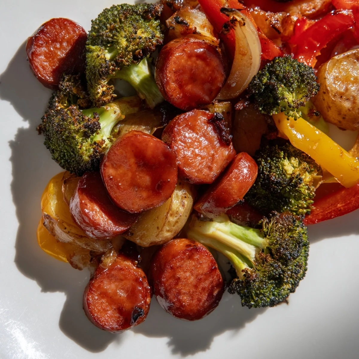 One pan honey garlic kielbasa with caramelized broccoli potatoes and bell peppers