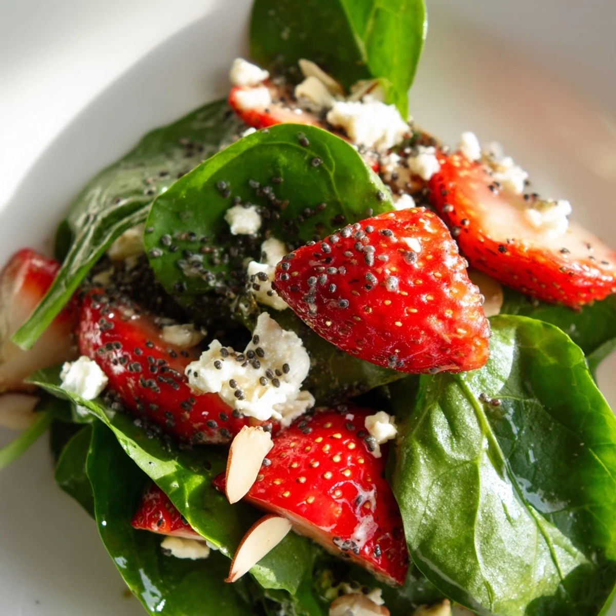 Vibrant strawberry spinach salad with glossy balsamic poppy seed dressing drizzled over crisp greens