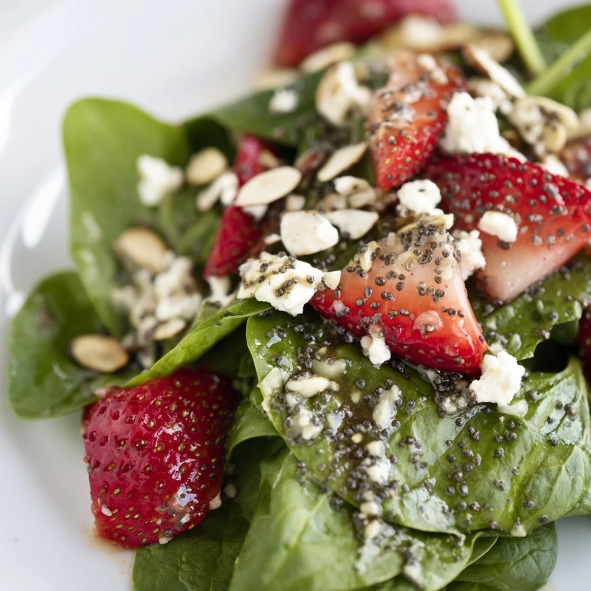 Fresh strawberry spinach salad topped with crumbled feta cheese and toasted almonds in bowl