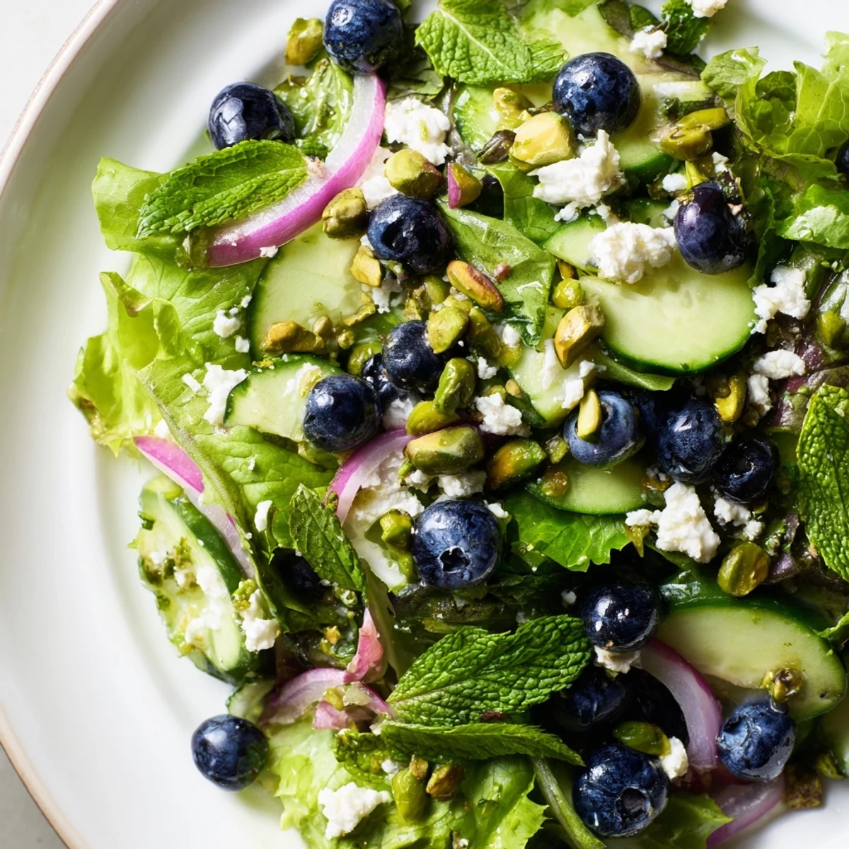 Blueberry Pistachio Spring Salad with fresh greens, plump berries, and tangy feta on a white plate