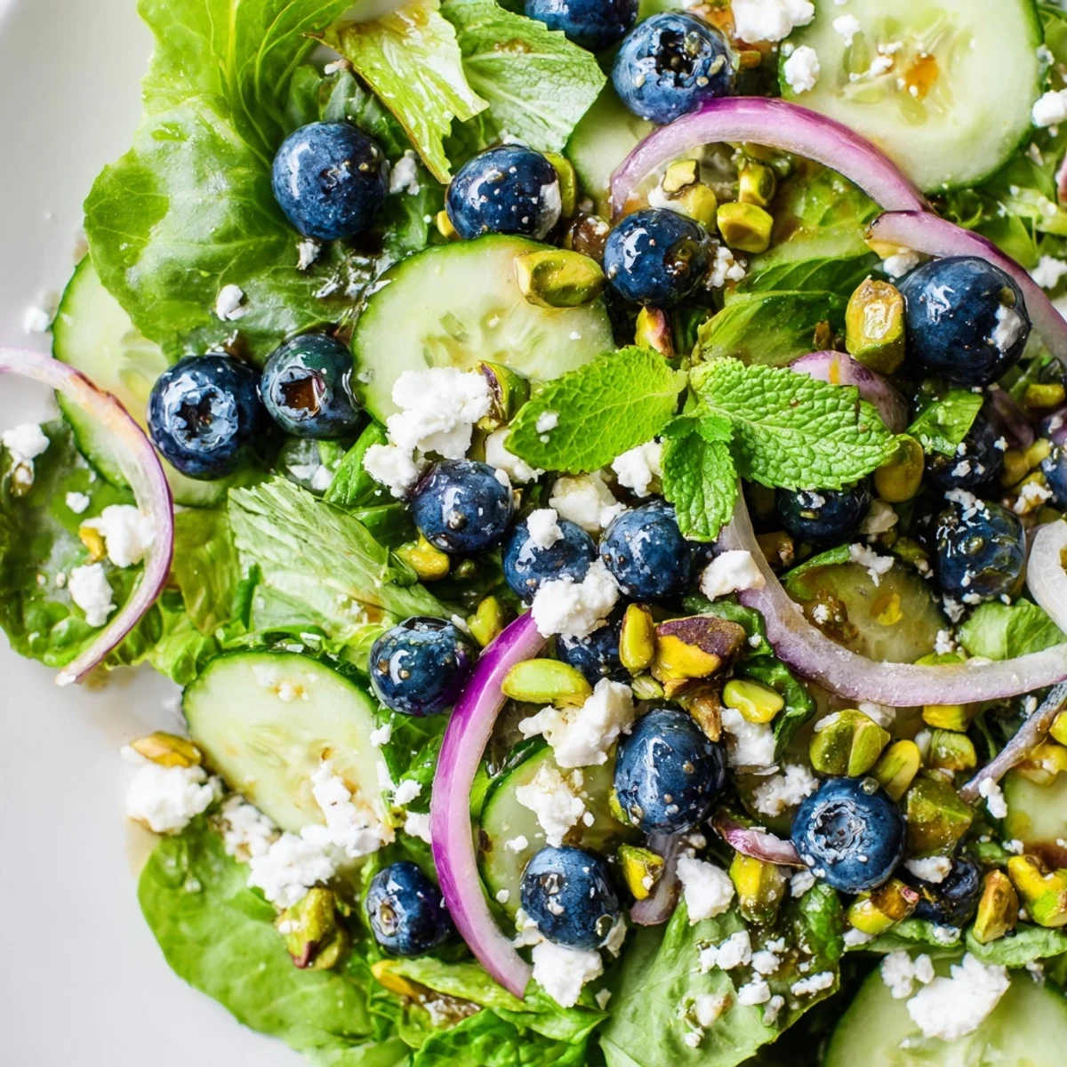 A vibrant Blueberry Pistachio Spring Salad featuring crunchy nuts, juicy fruit, and zesty lemon vinaigrette dressing