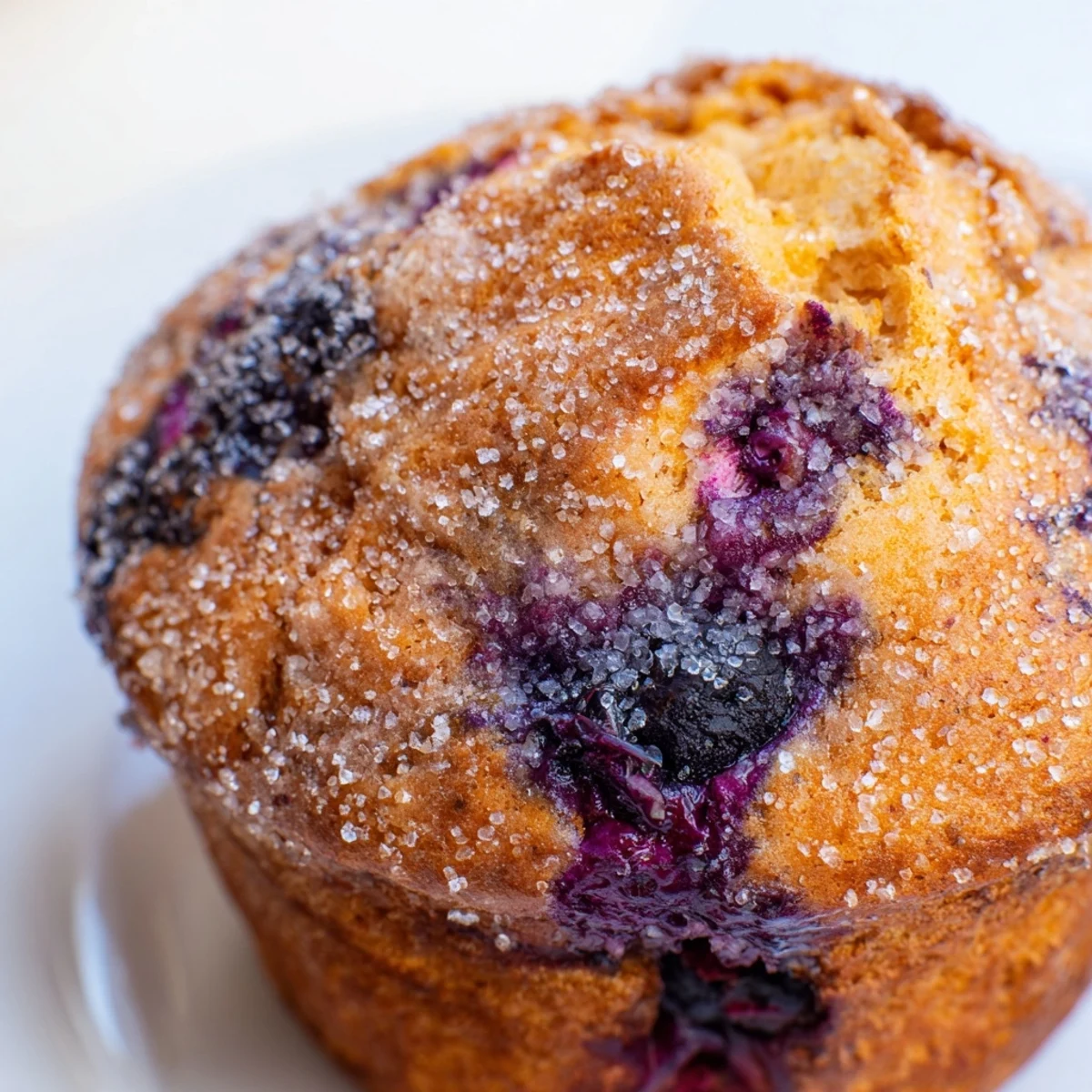 Moist lemon blueberry muffins bursting with juicy berries on a rustic white plate