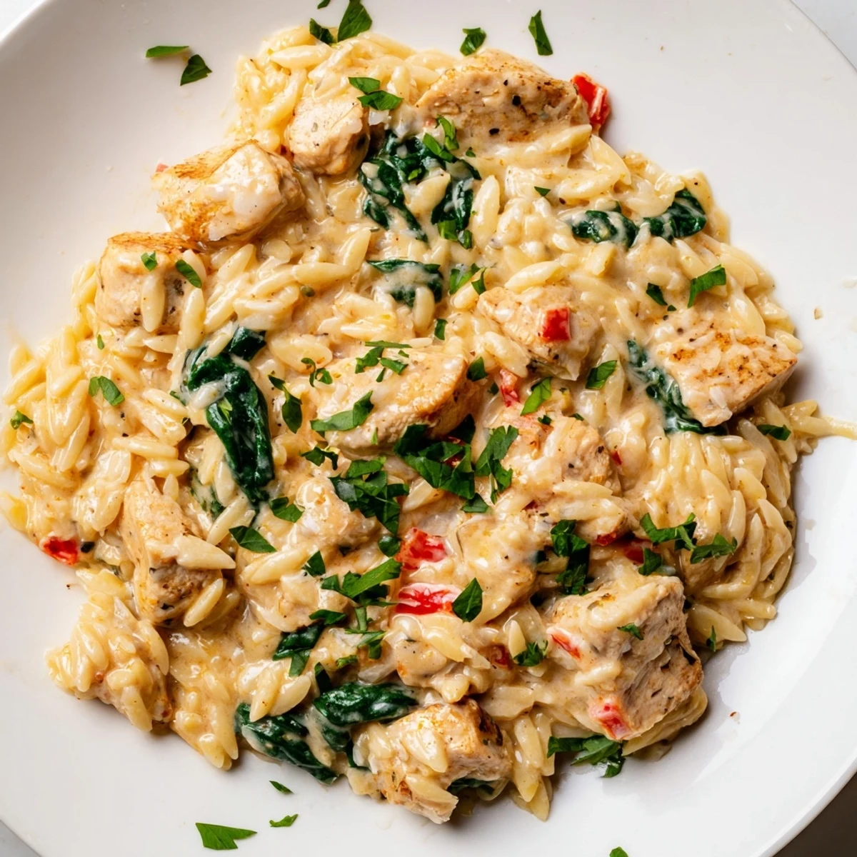 Creamy Cajun Chicken Alfredo Orzo served steaming in a rustic skillet with fresh parsley