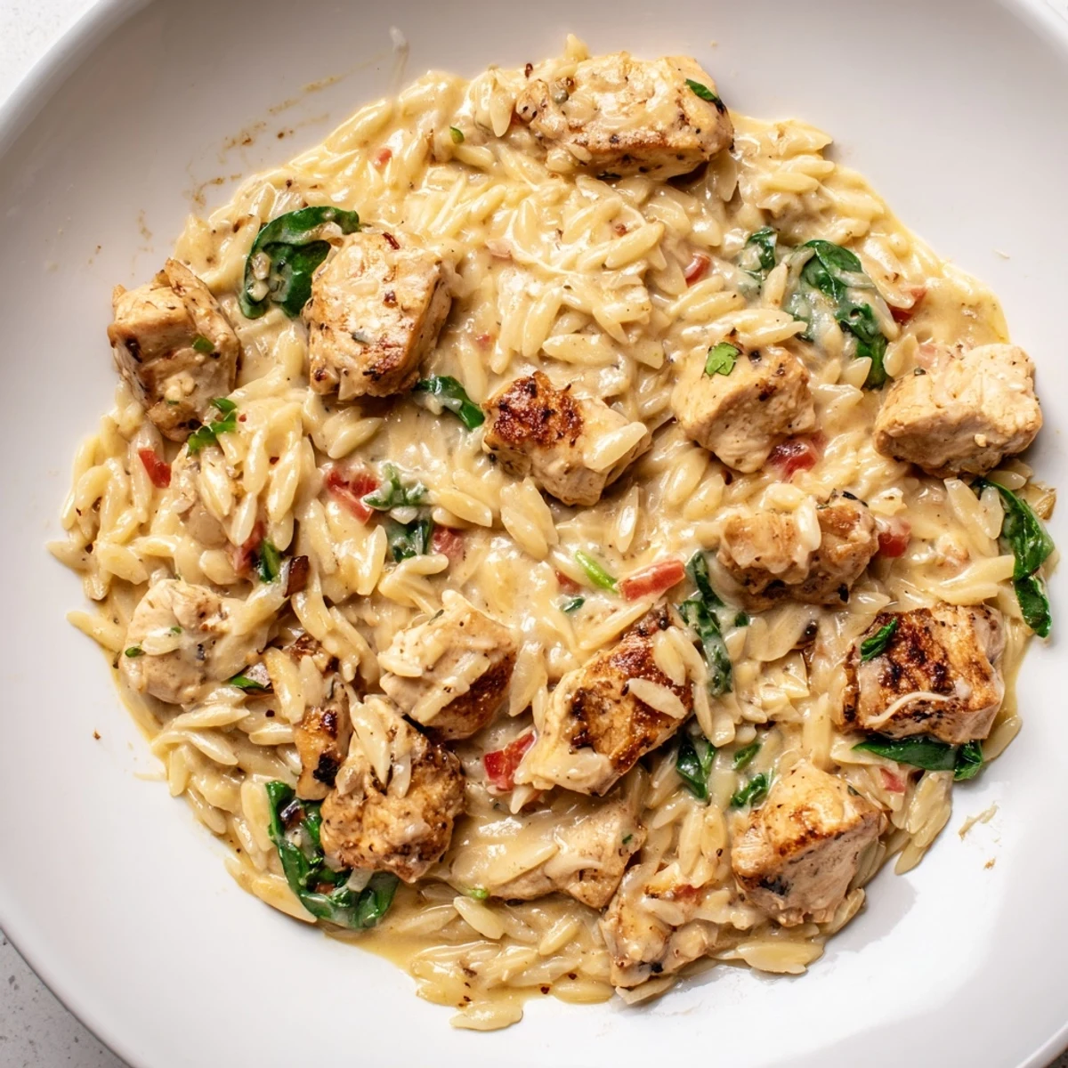 Tender spiced chicken and silky orzo in rich Cajun Alfredo sauce topped with Parmesan