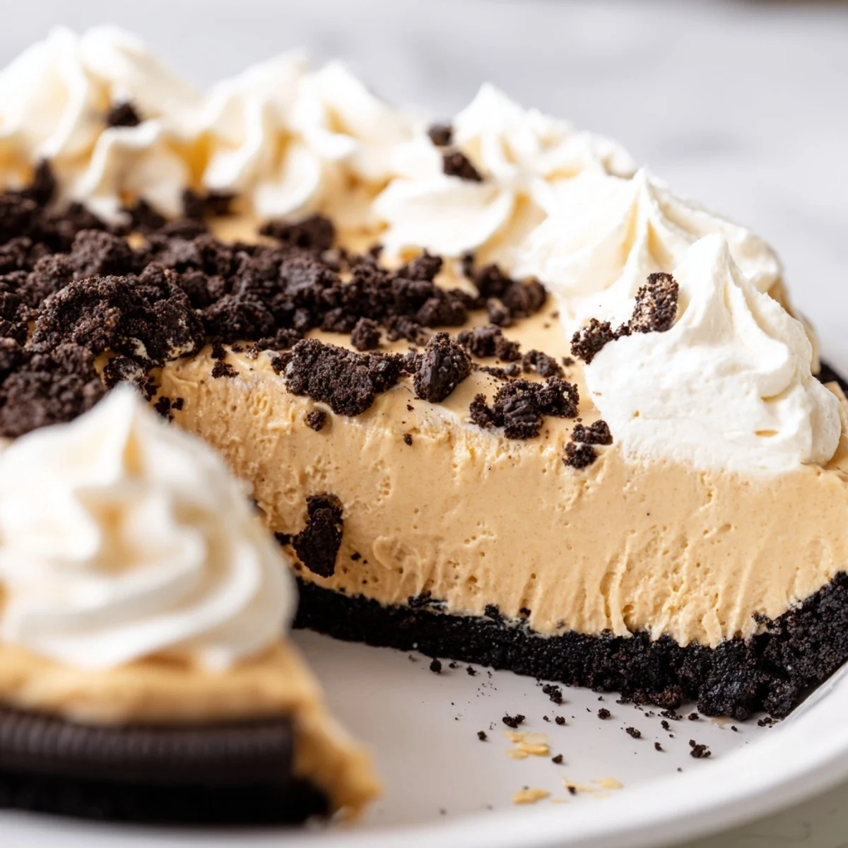 Creamy peanut butter Oreo pie sliced and topped with whipped cream and cookie crumbles