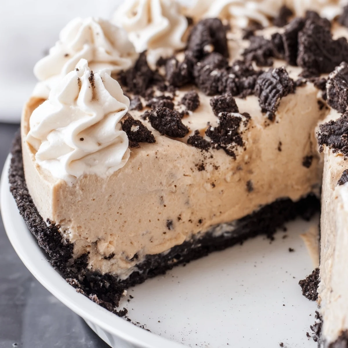 Decadent peanut butter Oreo pie chilled to perfection crowned with fluffy whipped cream roses