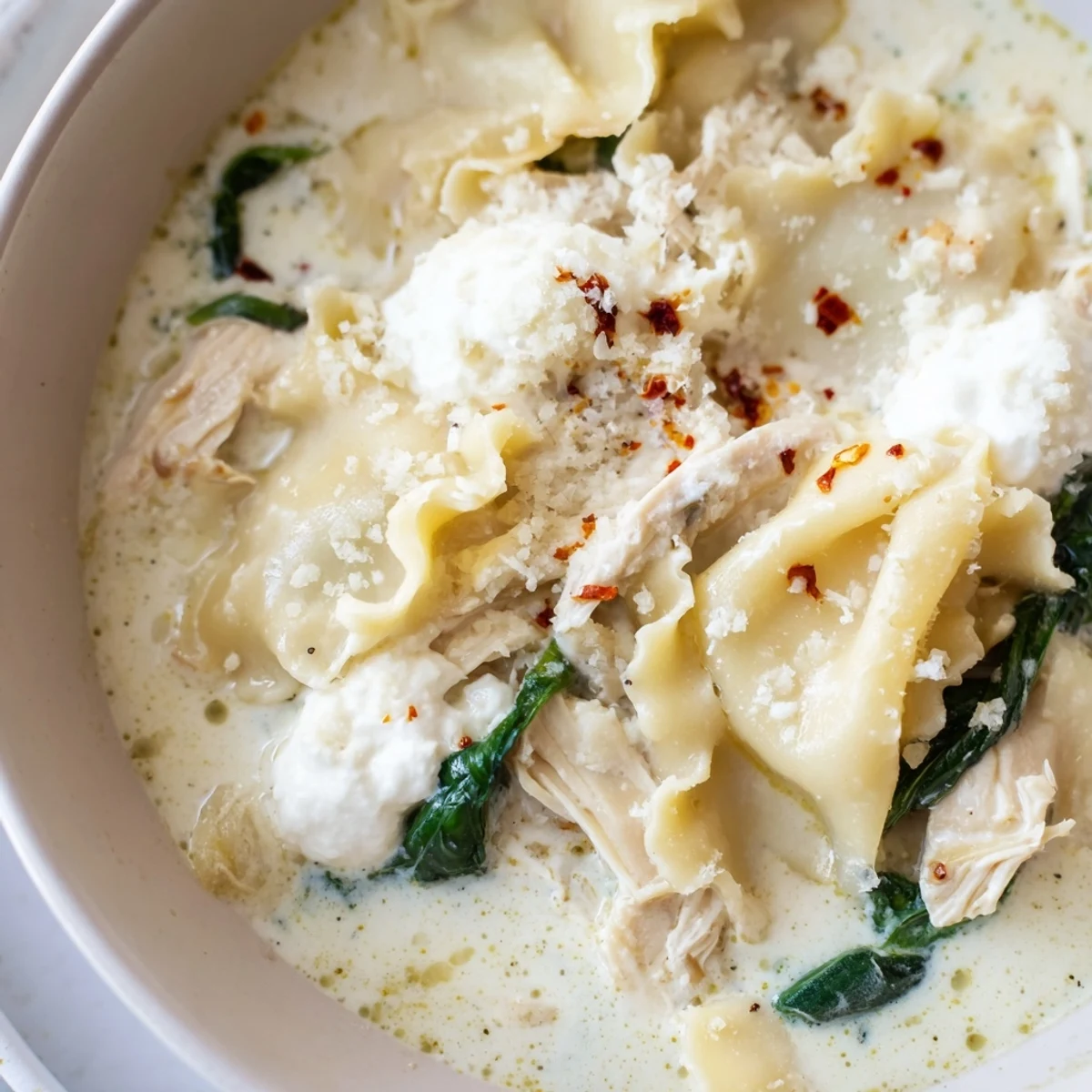 Steaming bowl of white lasagna soup topped with Parmesan and fresh cracked pepper