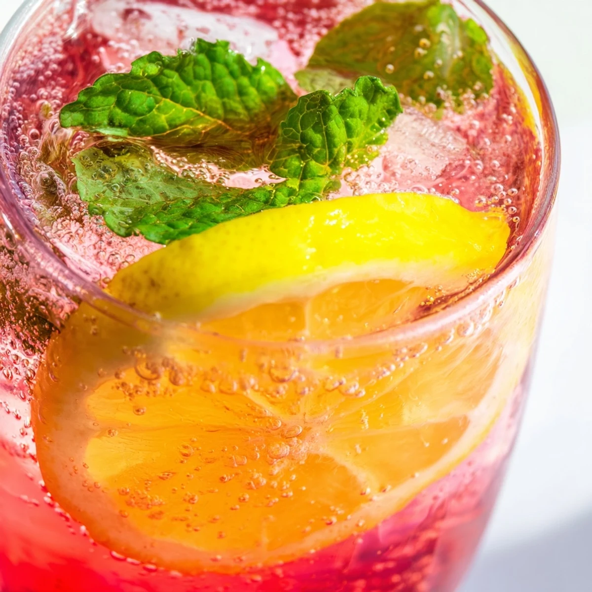 Chilled pink honey lemon soda in a tall glass garnished with lemon slices on a sunny patio