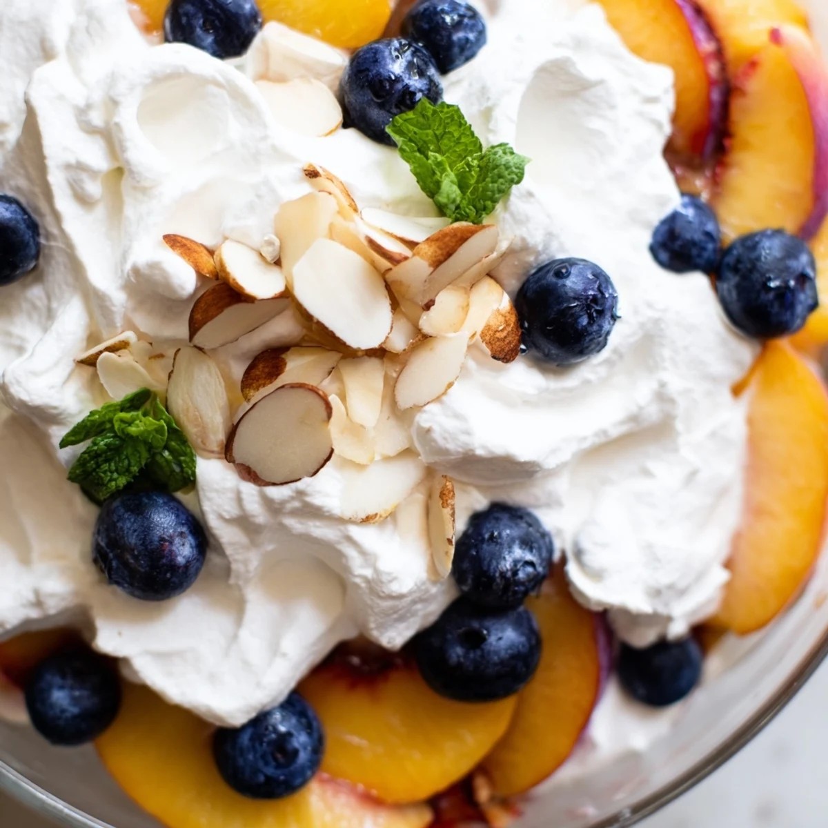Creamy peaches and cream salad topped with fresh mint and juicy sliced summer peaches