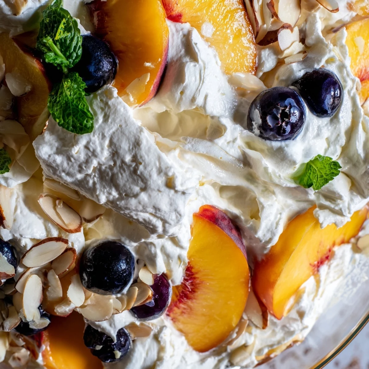 Chilled peaches and cream salad layered with ripe fruit and fluffy vanilla whipped cream
