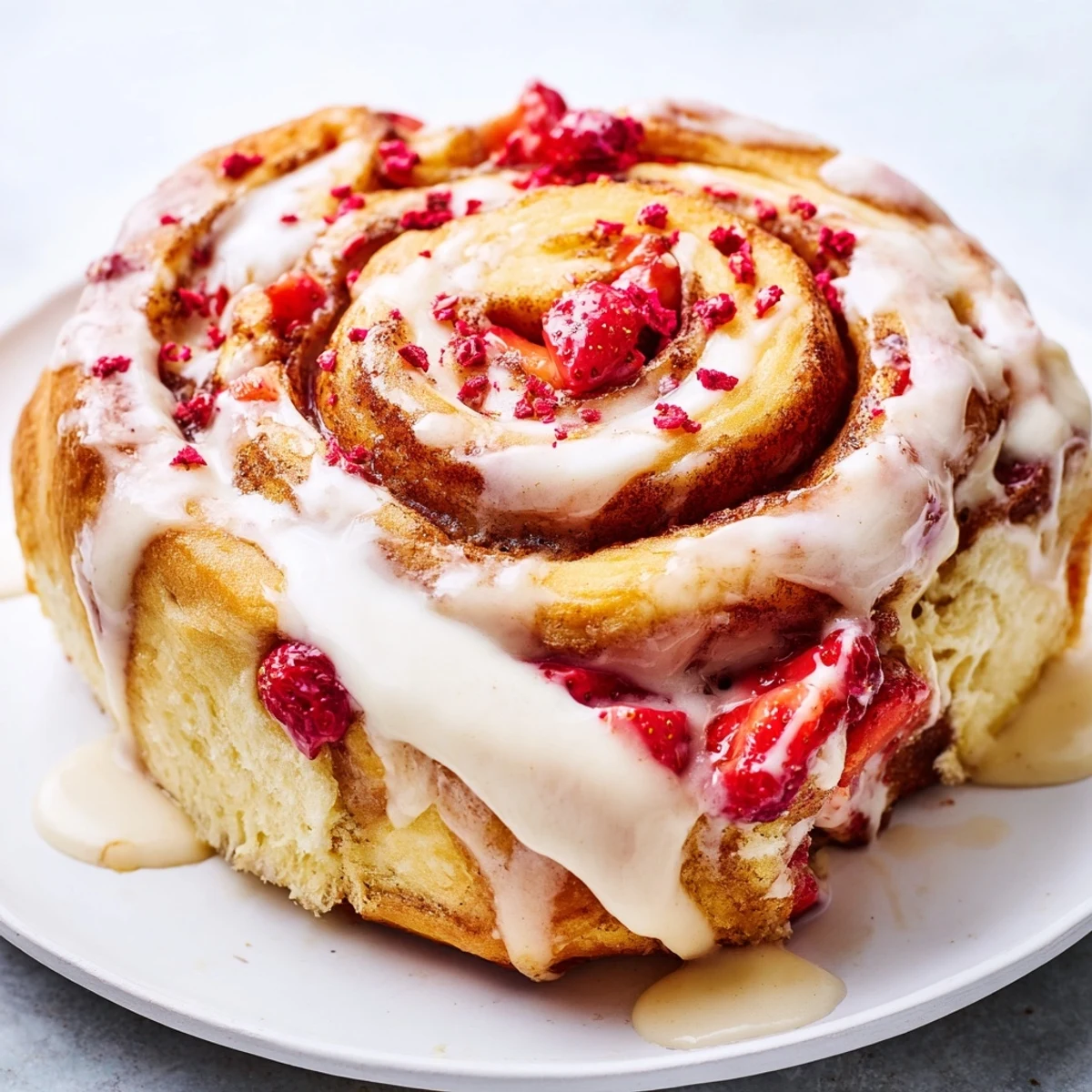 Golden Strawberry Cheesecake Cinnabon Rolls drizzled with creamy vanilla glaze on white plate