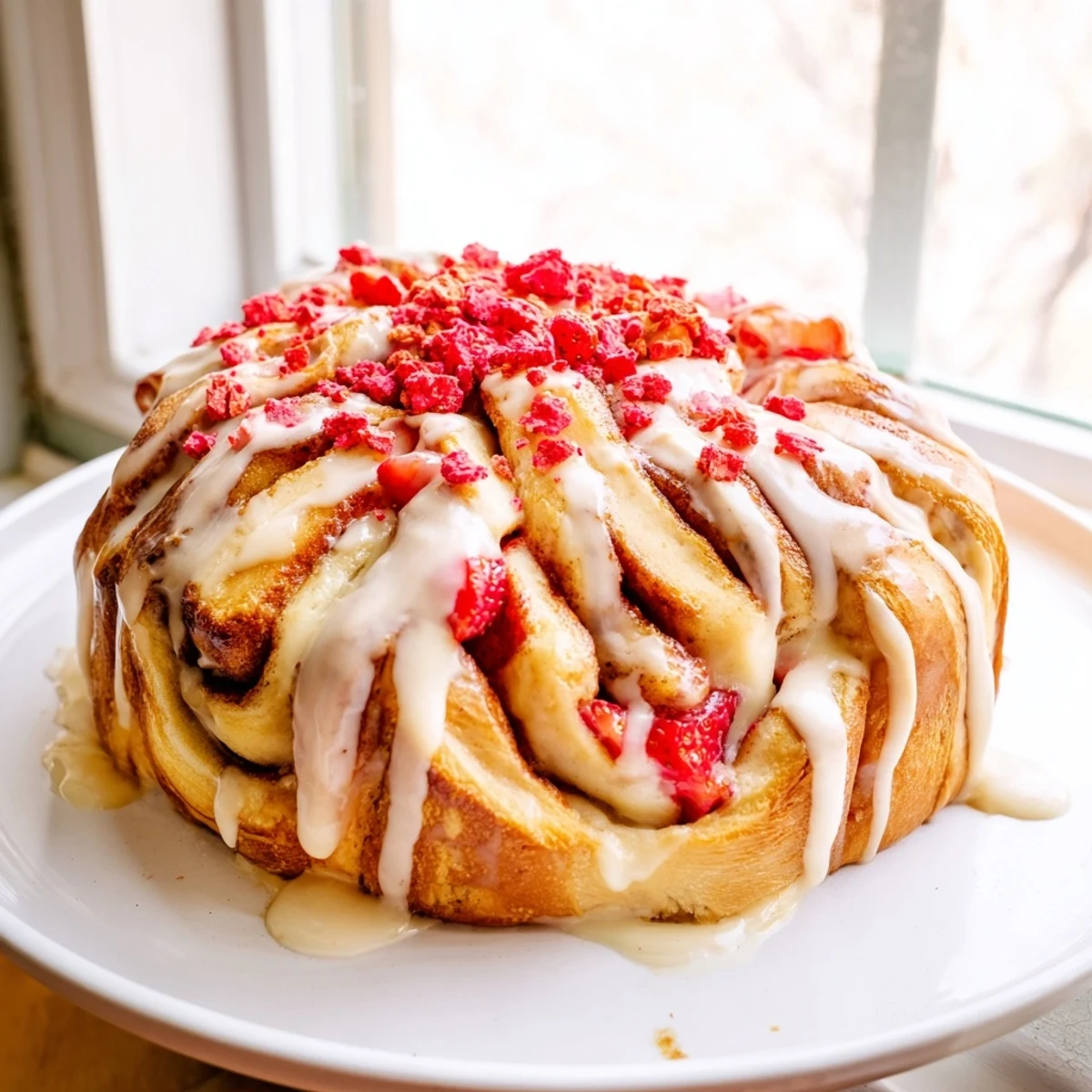 Swirled Strawberry Cheesecake Cinnabon Rolls with fresh berries and luscious icing dripping down sides