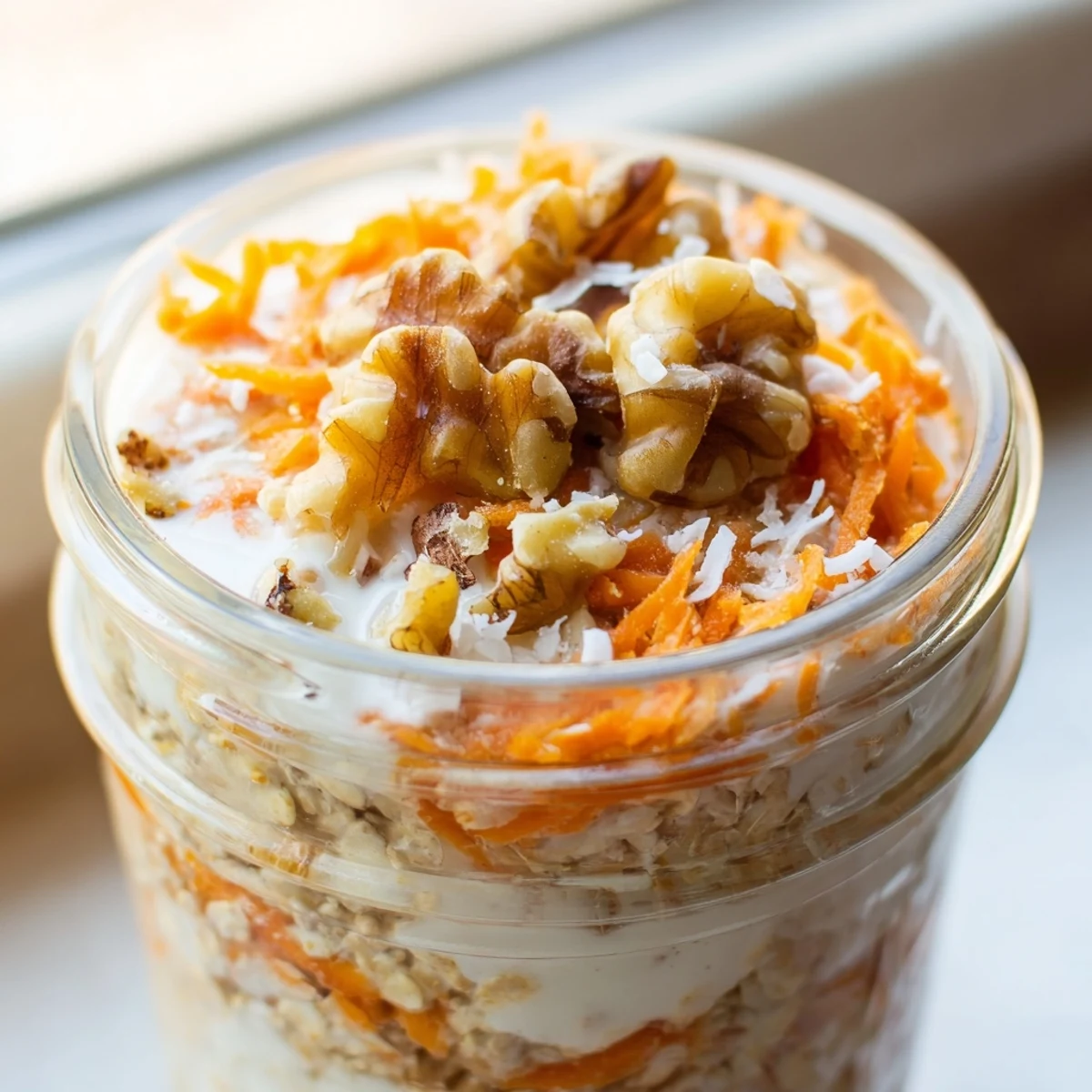 Creamy carrot cake overnight oats topped with walnuts and raisins in a glass jar