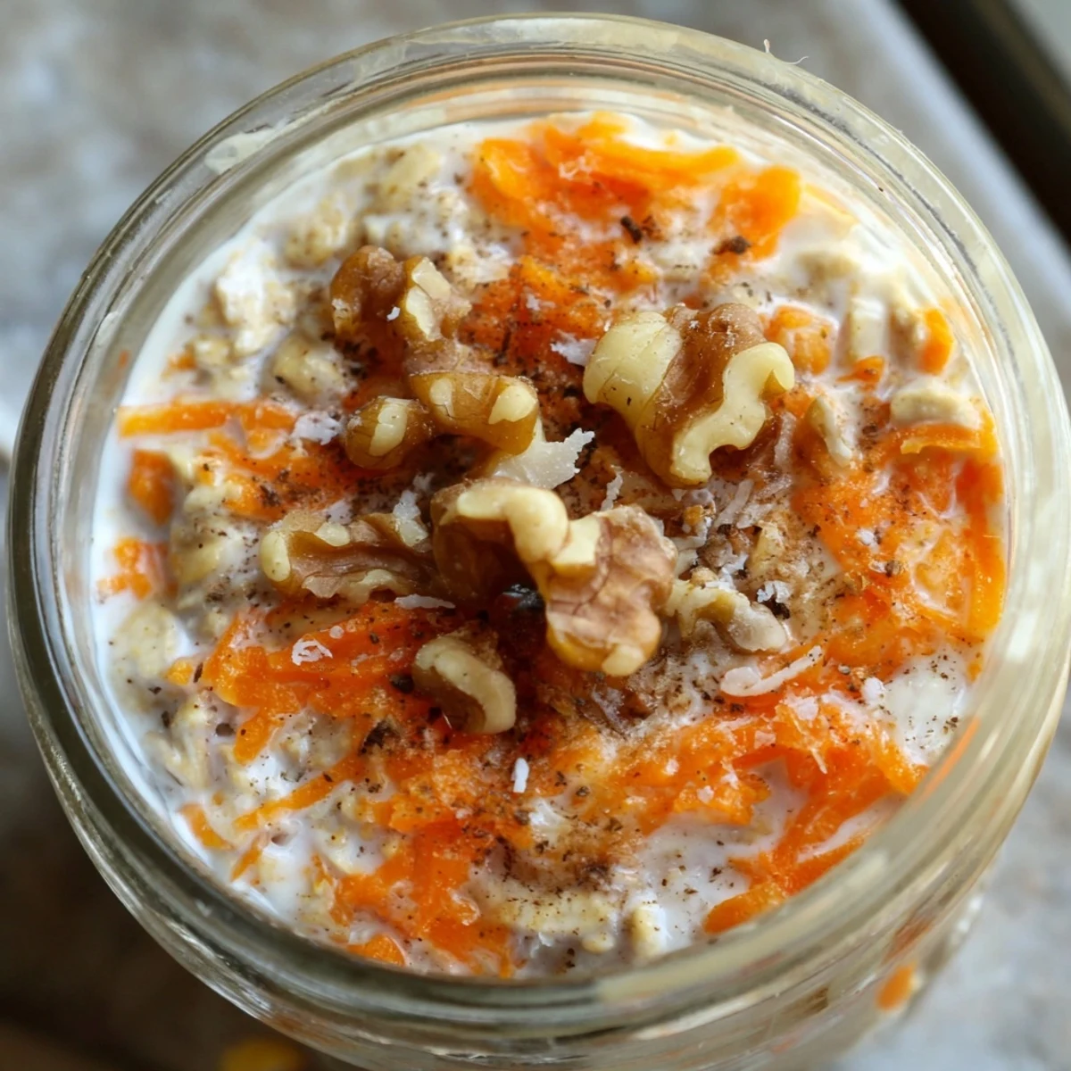 Spiced carrot cake overnight oats served chilled with a drizzle of maple syrup