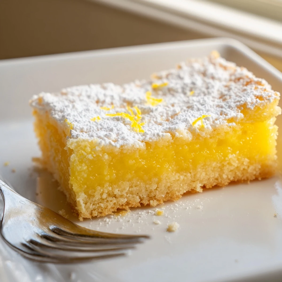 Golden lemon bars with powdered sugar on a rustic cutting board