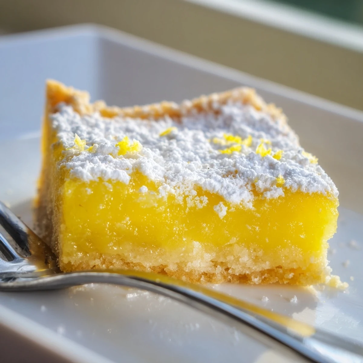 Bright yellow lemon bar recipe squares dusted with sweet powdered sugar