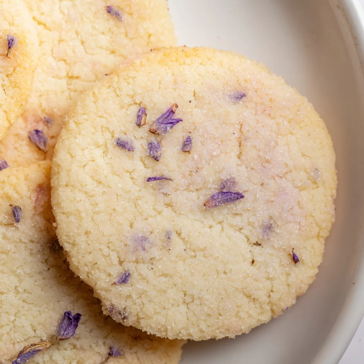 Soft lilac sugar cookies with golden edges arranged on a rustic parchment-lined baking sheet