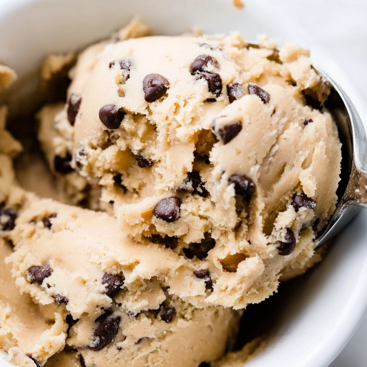 Creamy chocolate chip cookie dough scooped into balls and studded with melty chips