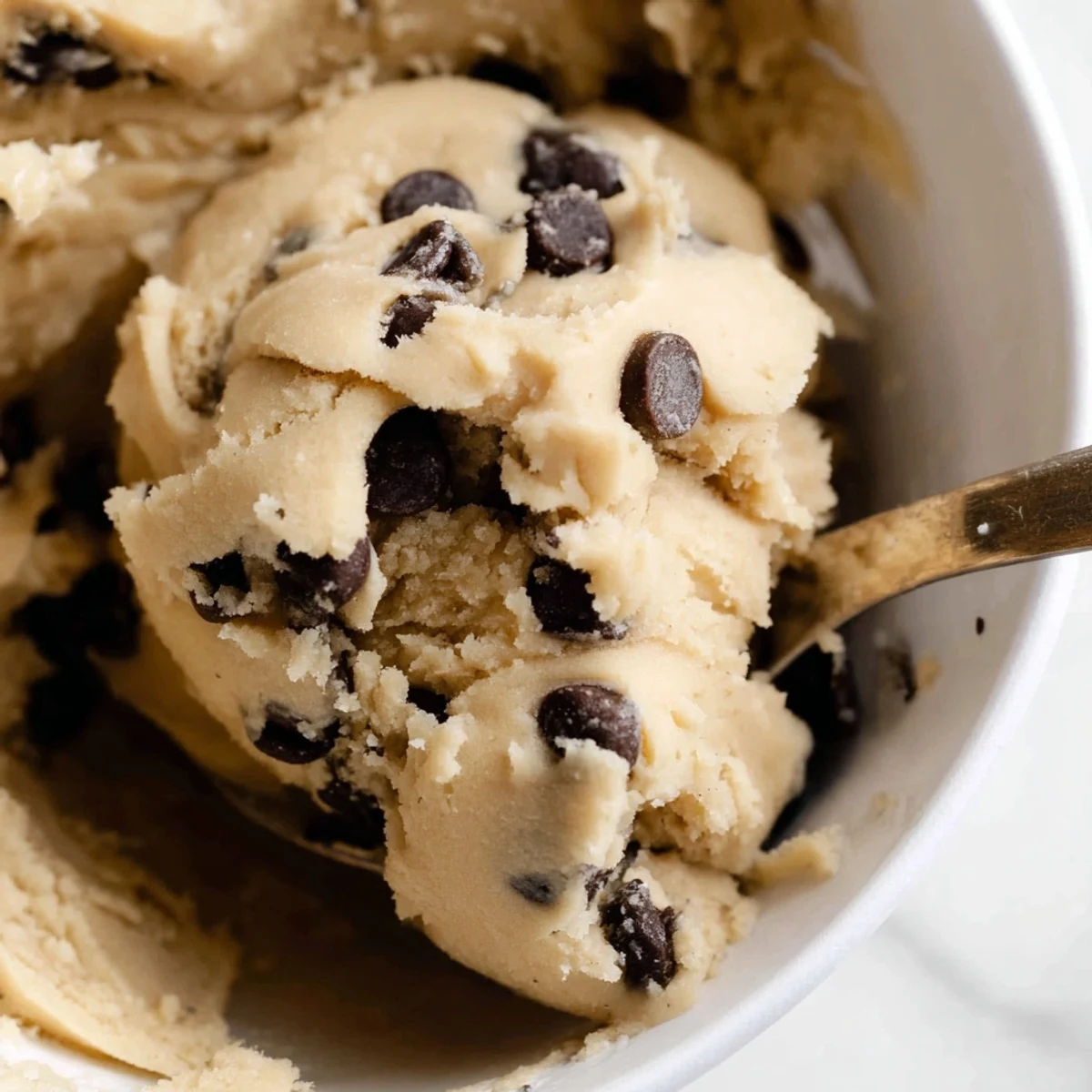Edible chocolate chip cookie dough in a bowl with scattered chocolate chips