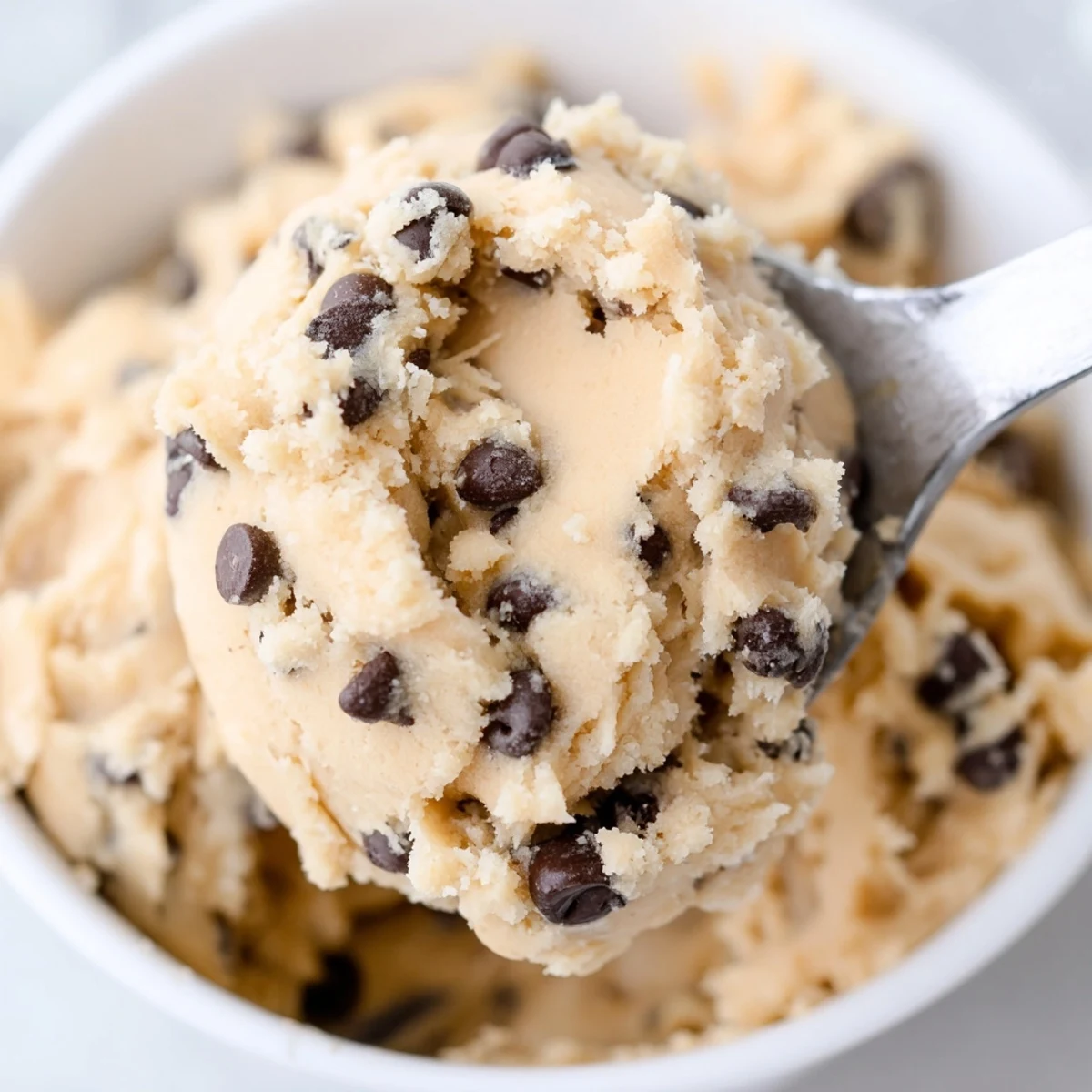Spoonfuls of rich chocolate chip cookie dough garnished with extra chocolate chips