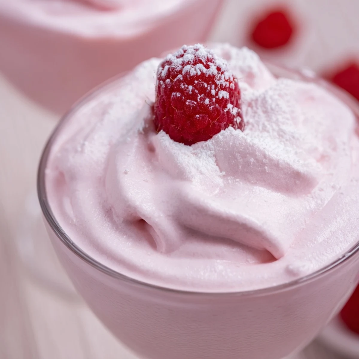 Creamy pink Fresh Raspberry Cloud Mousse served chilled with fresh berry garnish