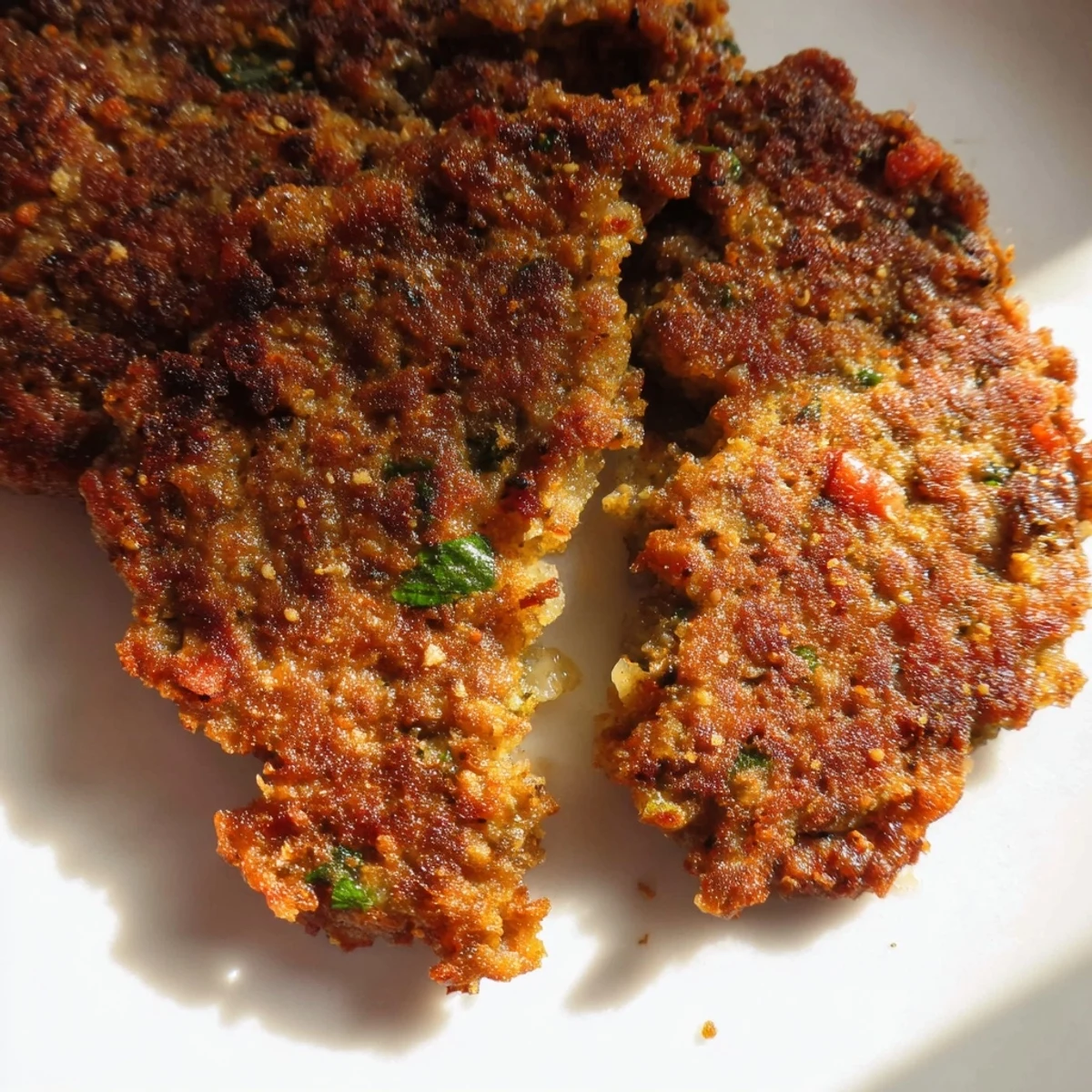 Spiced Pakistani Chapli Kabab plated with fresh salad chutney and charred tomato garnish