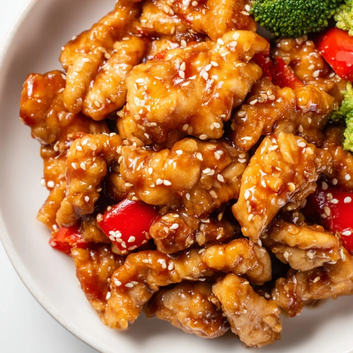 Glossy sesame soy chicken stir fry with colorful vegetables in a wok