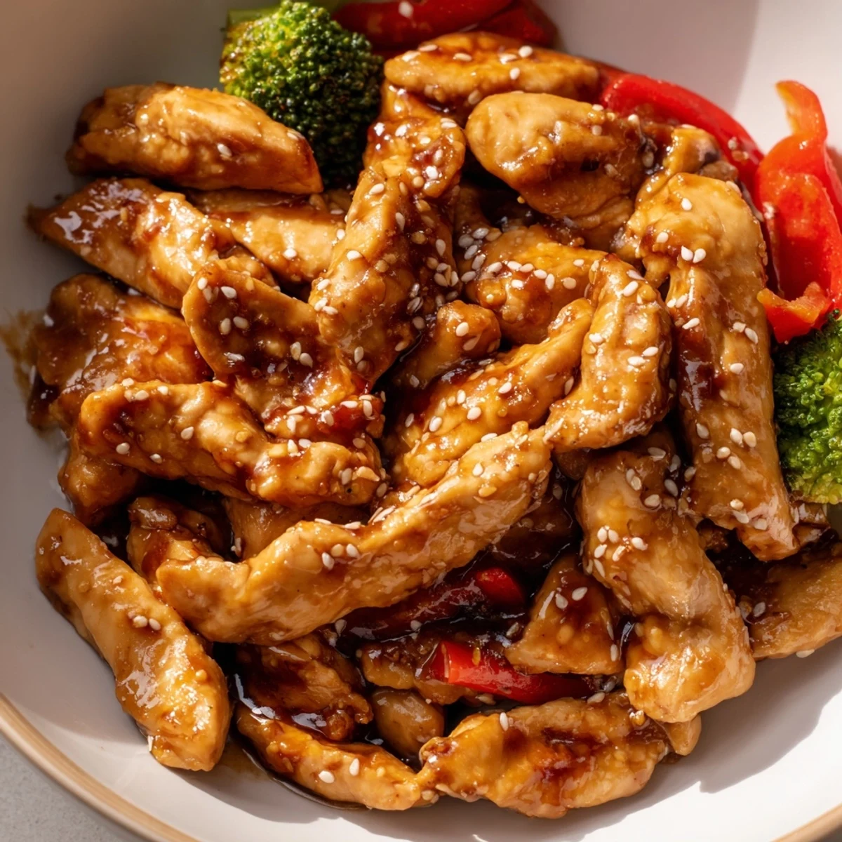 Tender sesame soy chicken stir fry topped with sesame seeds and scallions
