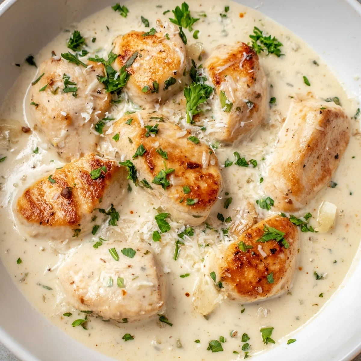 Golden seared creamy garlic chicken in rich white Parmesan sauce with fresh parsley garnish