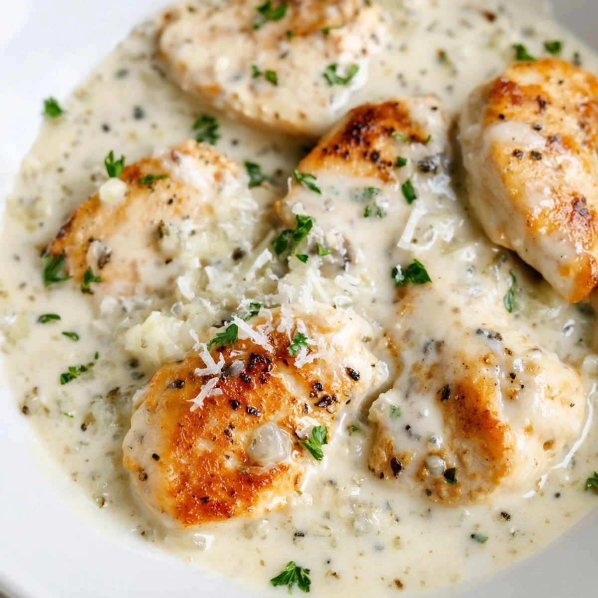Tender chicken breasts smothered in velvety creamy garlic sauce in a cast iron skillet