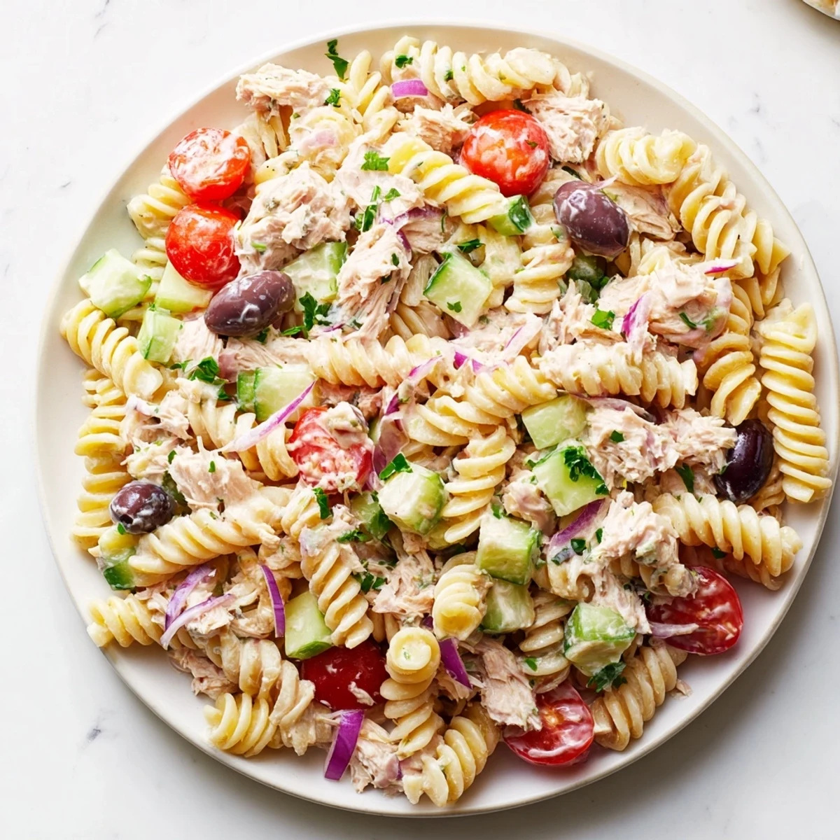 Creamy tuna pasta salad with crisp vegetables in a white serving bowl