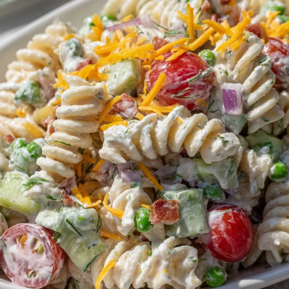 Creamy Ranch Pasta Salad loaded with colorful crisp vegetables in a tangy herb dressing