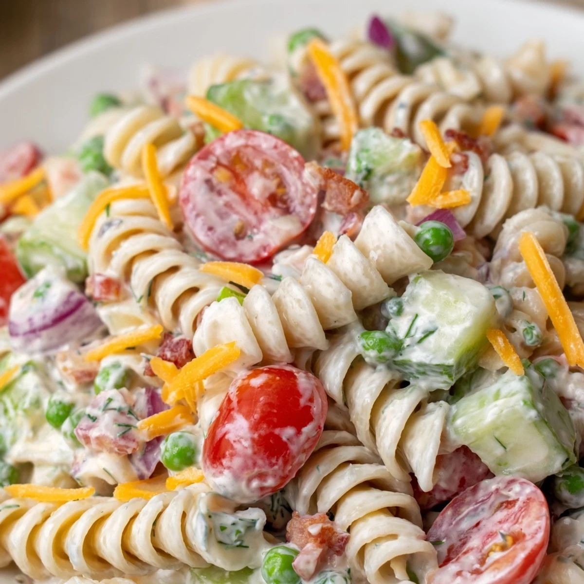 Chilled creamy Ranch Pasta Salad featuring rotini cherry tomatoes and cucumber in white bowl