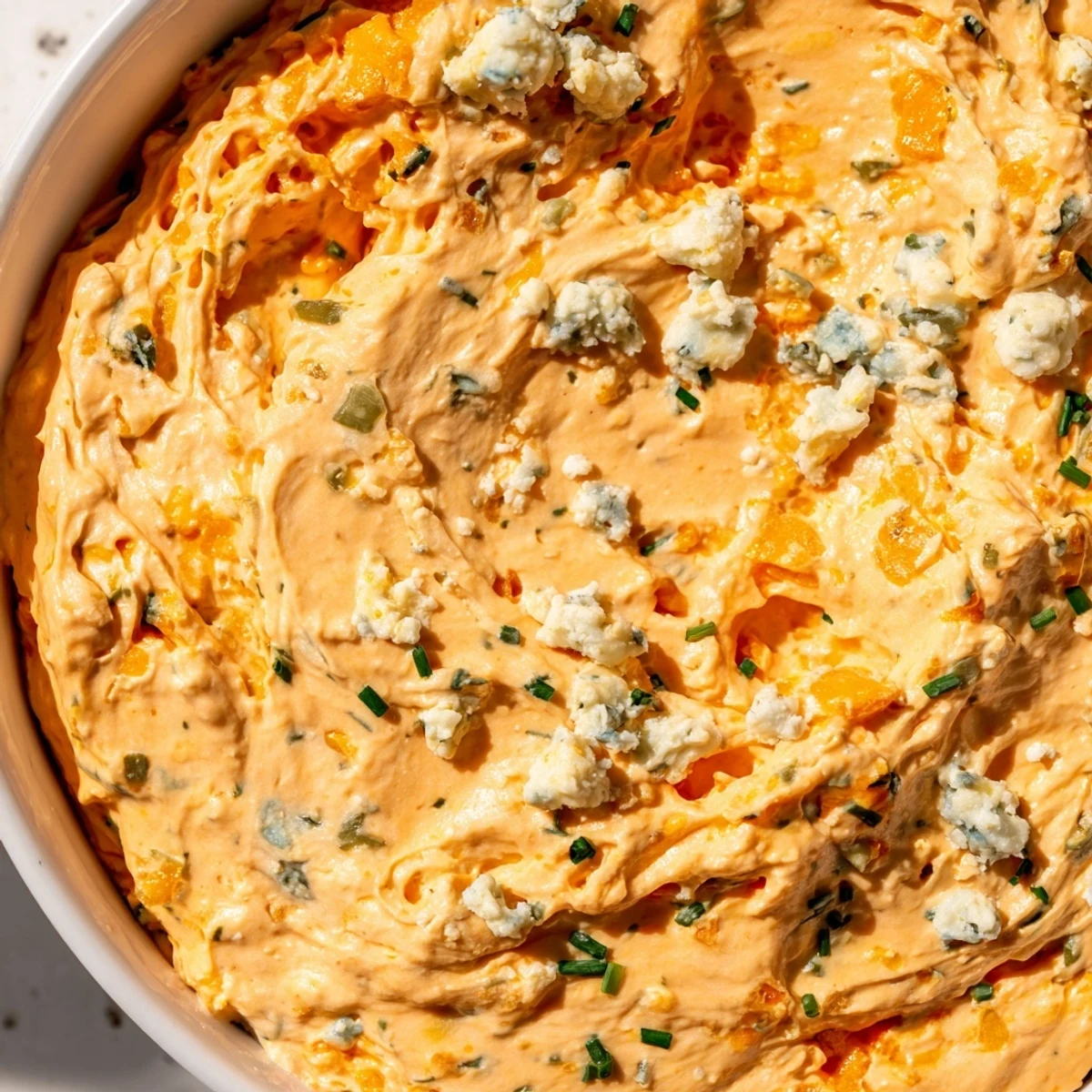 Creamy buffalo pickle dip in a serving bowl surrounded by crispy chips and fresh veggie sticks