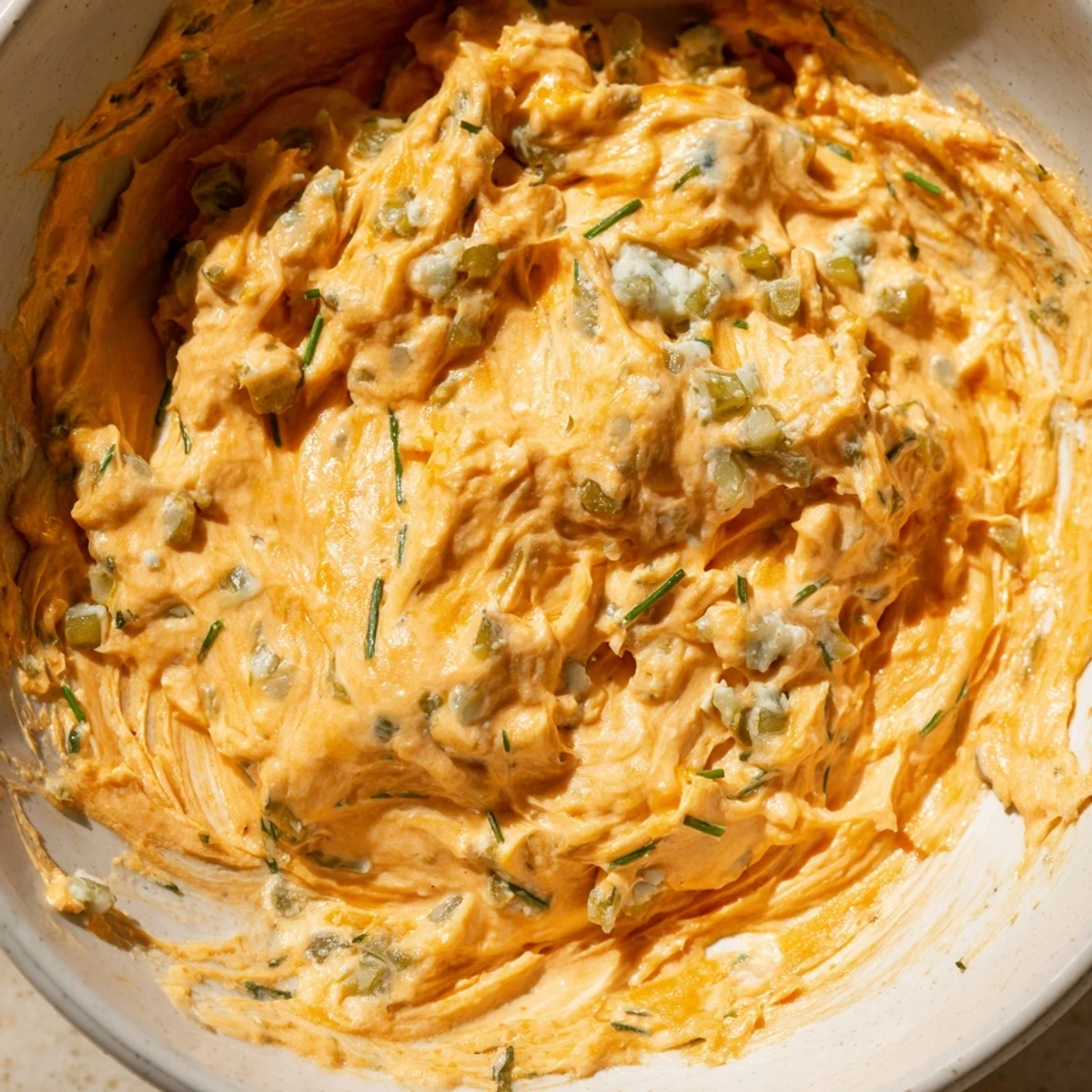 Tangy buffalo pickle dip topped with chopped chives and pickle slices ready for party snacking