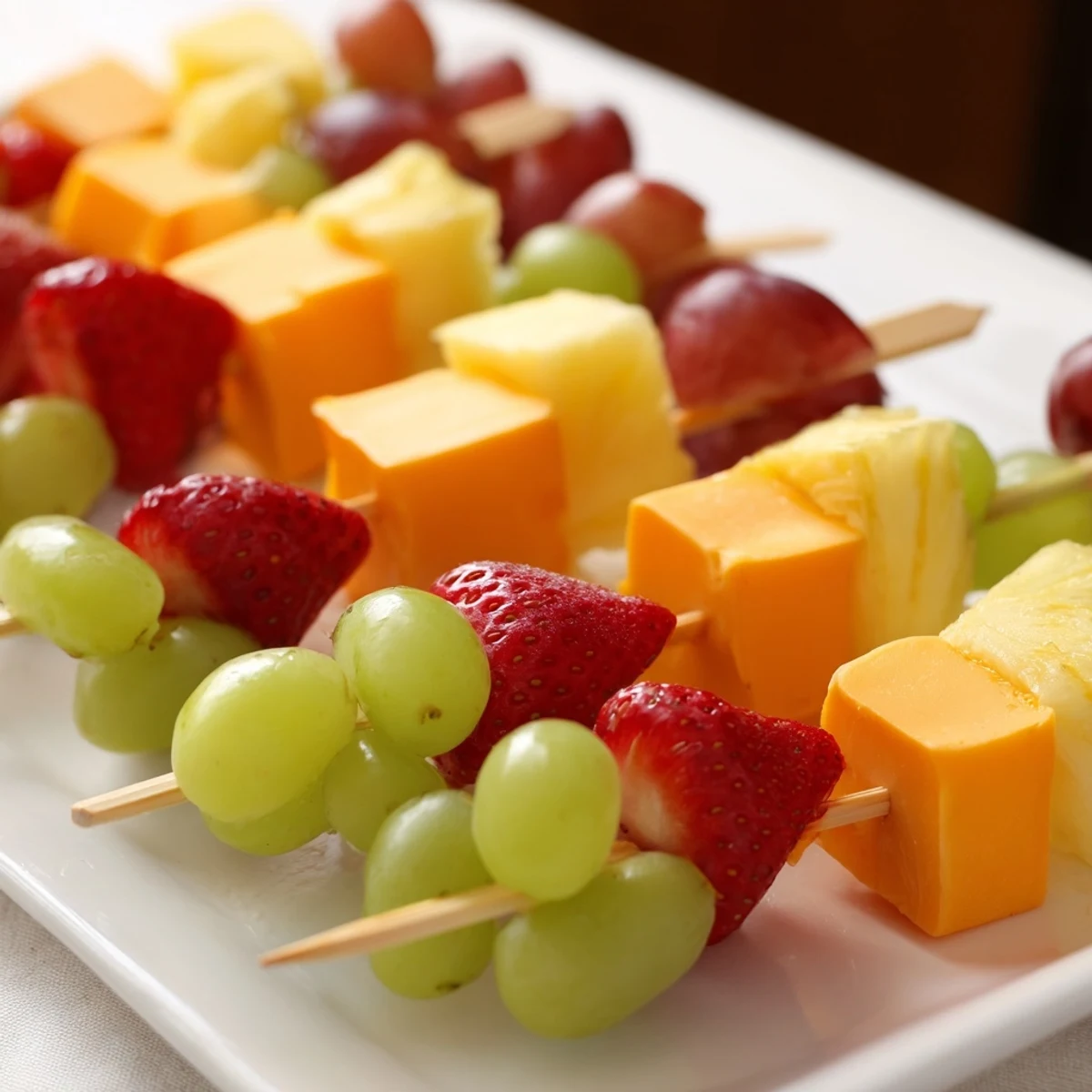 Colorful fruit and cheese kabobs arranged on wooden skewers for easy party appetizer serving
