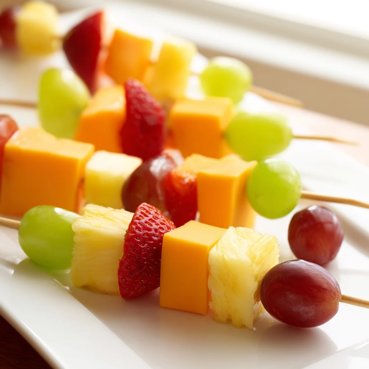 Fresh fruit and cheese kabobs featuring red grapes pineapple strawberries and cheddar cubes
