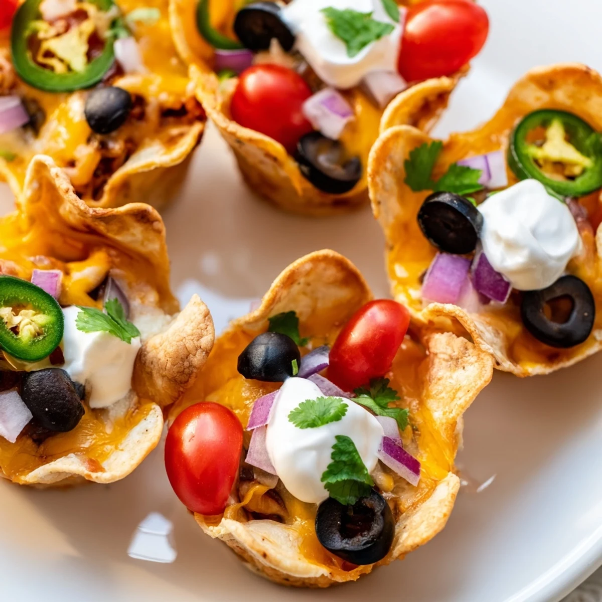 Golden cheesy nacho cups with melted cheese and colorful toppings in a muffin tin