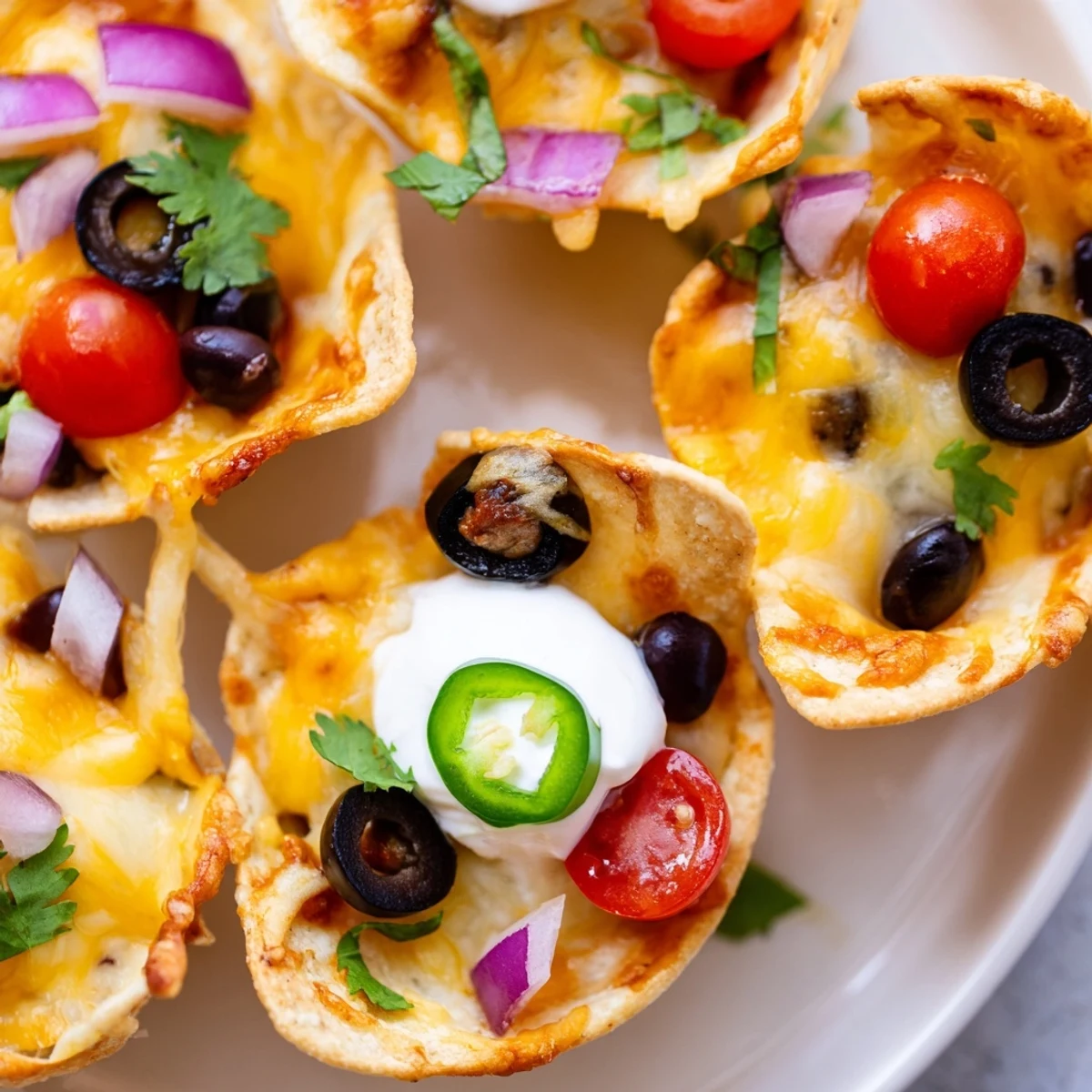 Crispy tortilla cups overflowing with gooey melted cheddar, beans, and fresh jalapeño slices