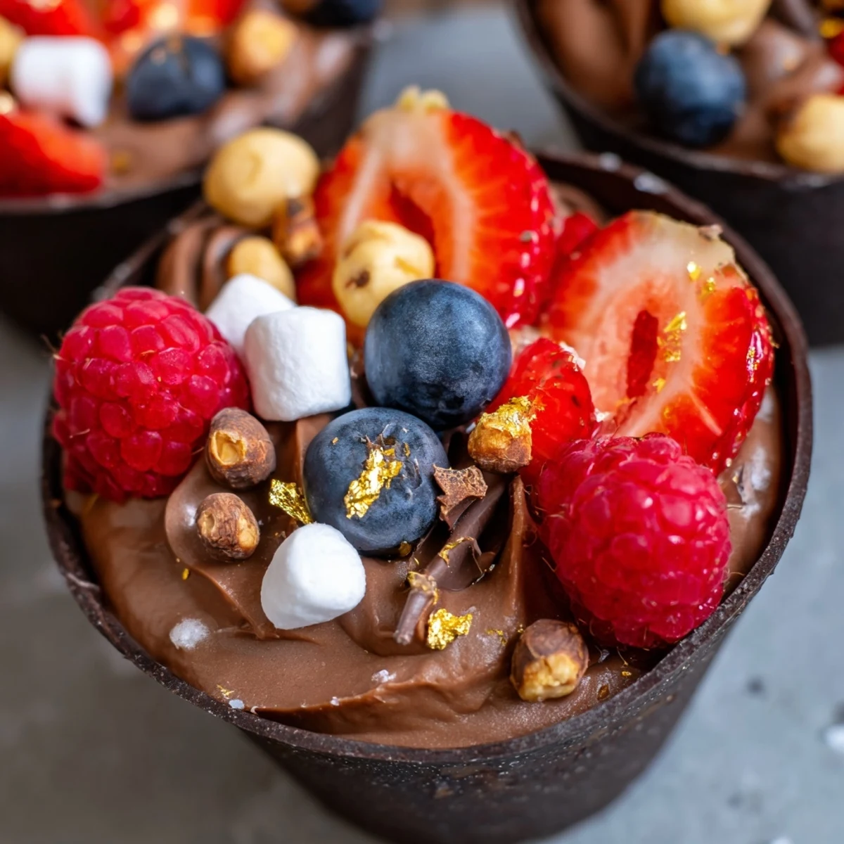 Chocolate grazing cups filled with silky mousse and topped with fresh berries and nuts
