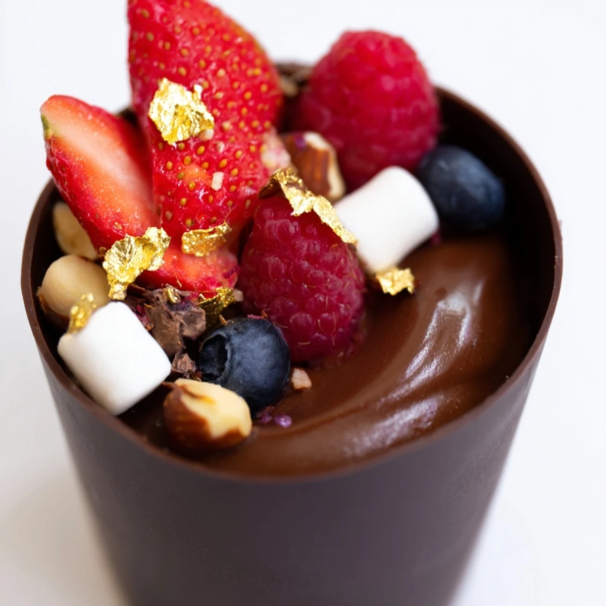 Elegant chocolate grazing cups with velvety mousse, jewel toned berries, and crunchy nut garnishes