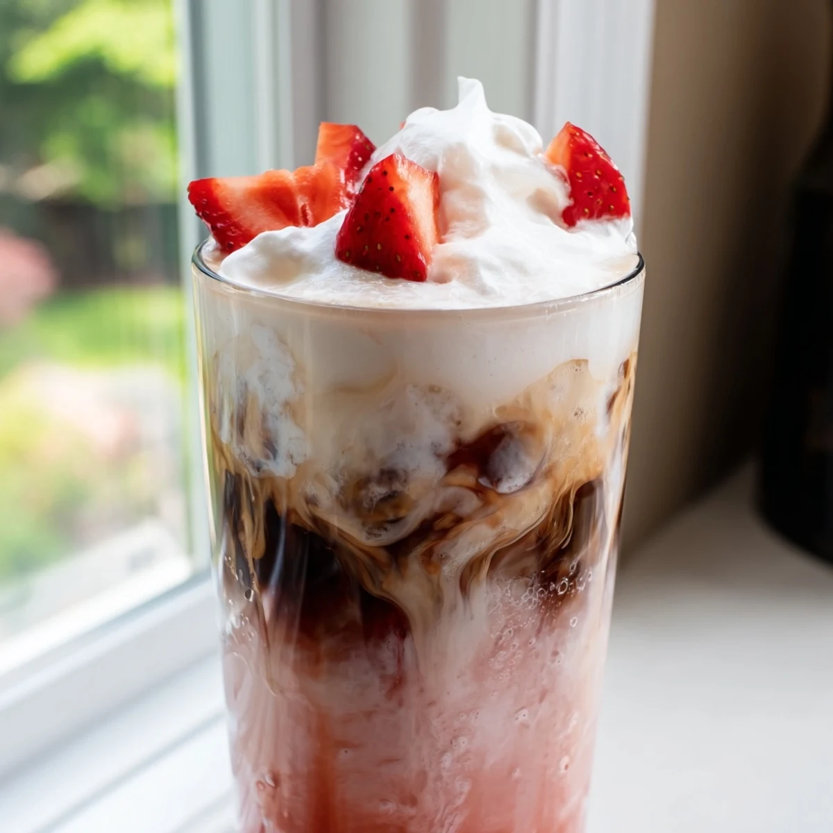 Creamy strawberry cold latte in a tall glass with whipped cream topping and fresh berry garnish