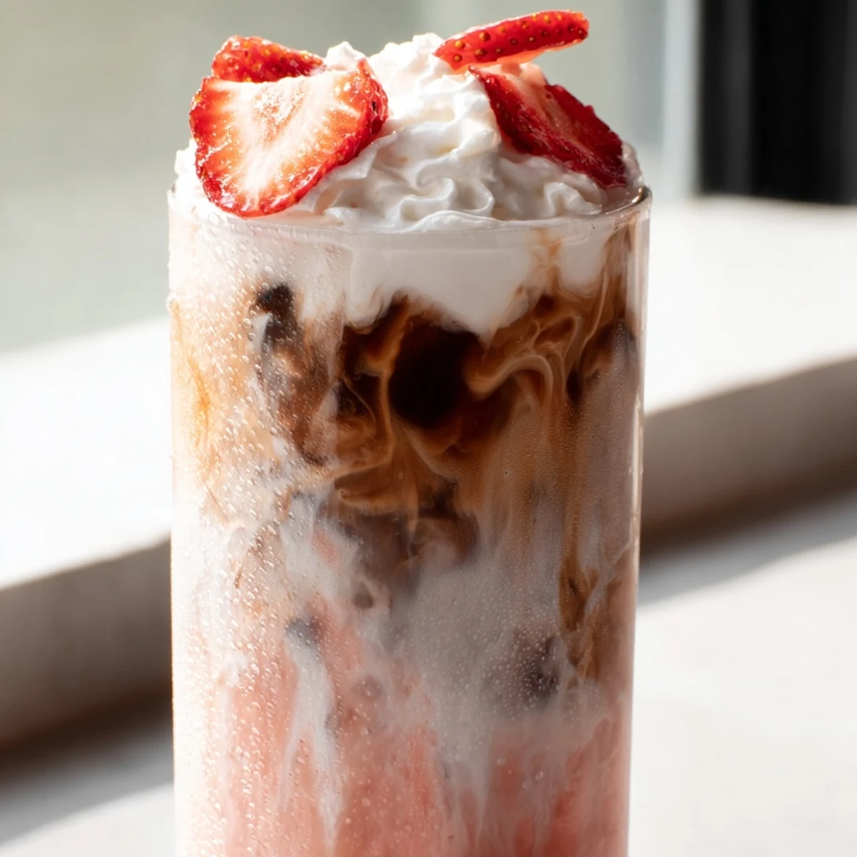 Refreshing strawberry cream cold latte with layered coffee and pink strawberry milk over ice cubes