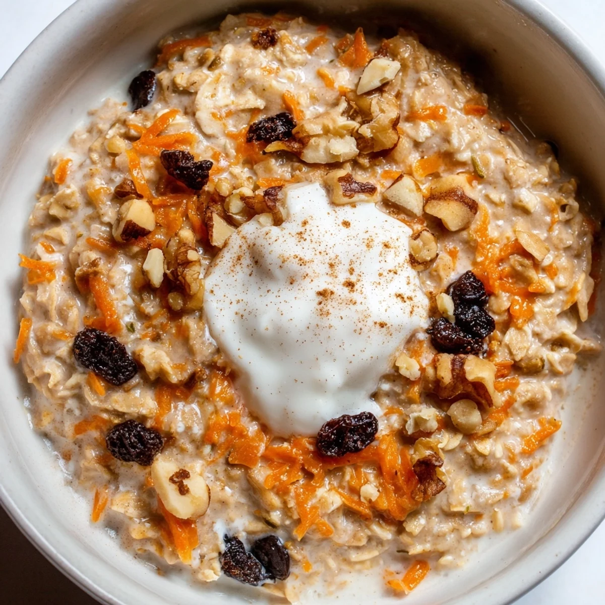 Carrot Cake Overnight Oats topped with chopped walnuts in a glass jar ready for breakfast