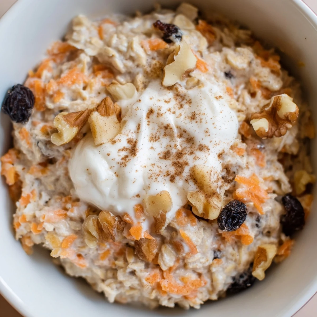 Creamy Carrot Cake Overnight Oats with grated carrots, raisins, and warm cinnamon spices