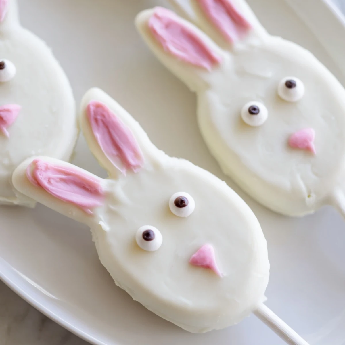 Adorable white chocolate bunny cakesicles with candy eyes and pink ears on sticks