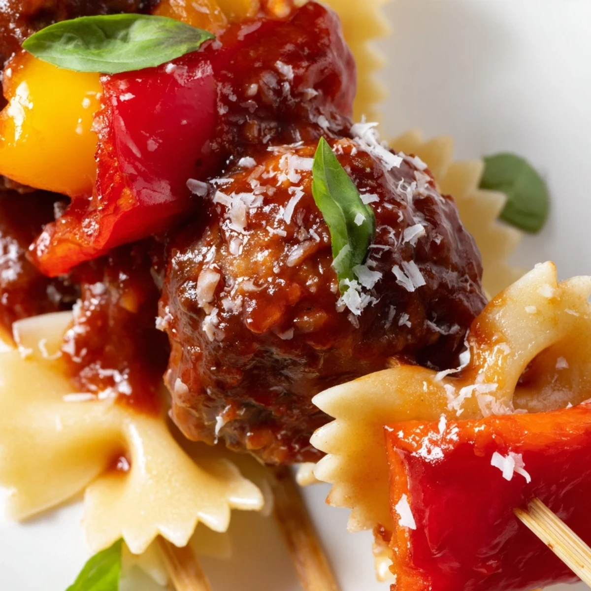 Colorful bowtie pasta and cocktail meatball skewers drizzled with glossy sauce on a platter