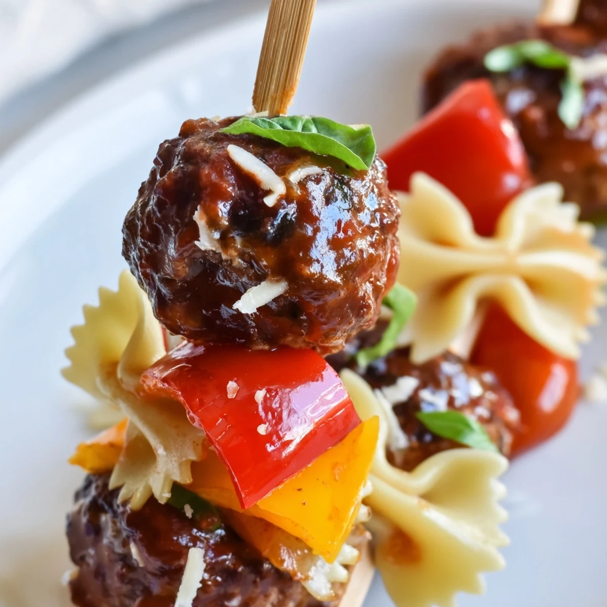 Juicy cocktail meatballs alternated with bowtie pasta and crisp bell peppers on wooden skewers